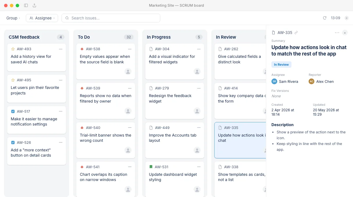Kanban Desktop on a Mac showing a Jira Scrum board with To Do, In Progress and In Review columns, and an issue open in the side panel